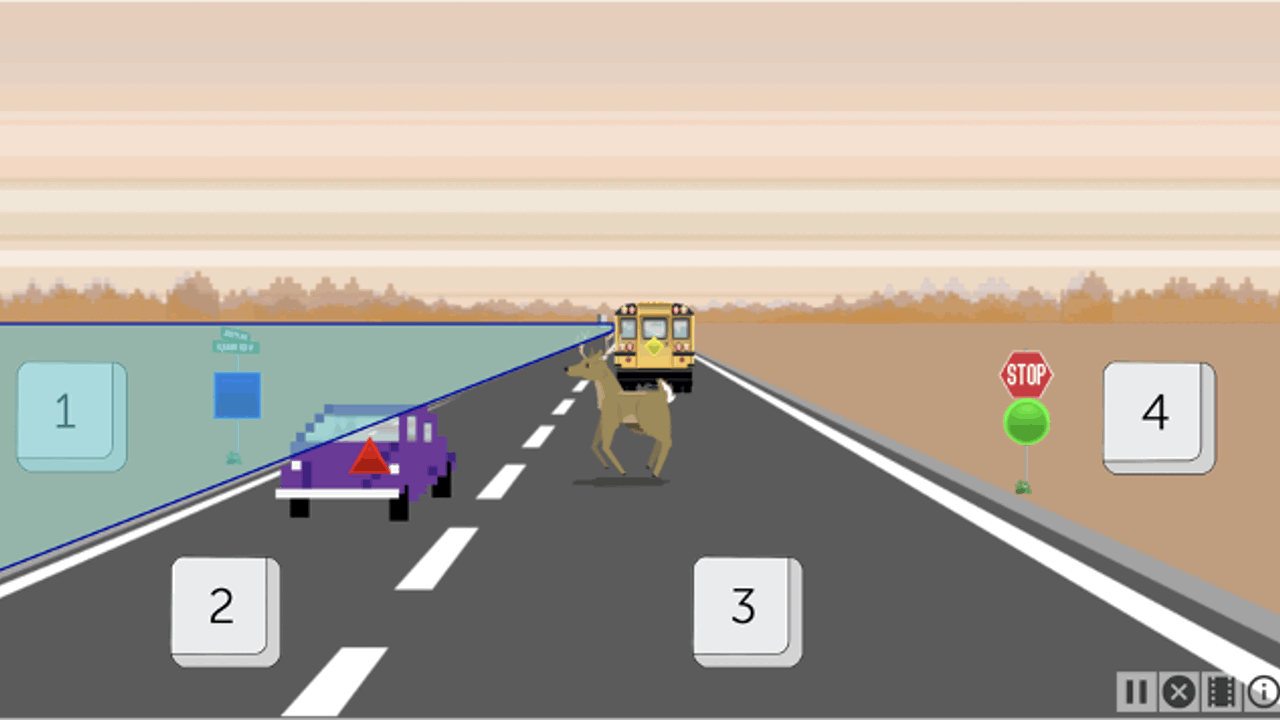 An animation from Optic Flow. This animation serves to display which keyboard keys are assigned to each section of the road. The leftmost shoulder is labeled with the numeral one, the left lane on the road is labeled with the number two, the right lane on the road is labeled with the numeral three, and the right shoulder is labeled with the numeral four.  Each of the different sections are highlighted one at a time in different colors.