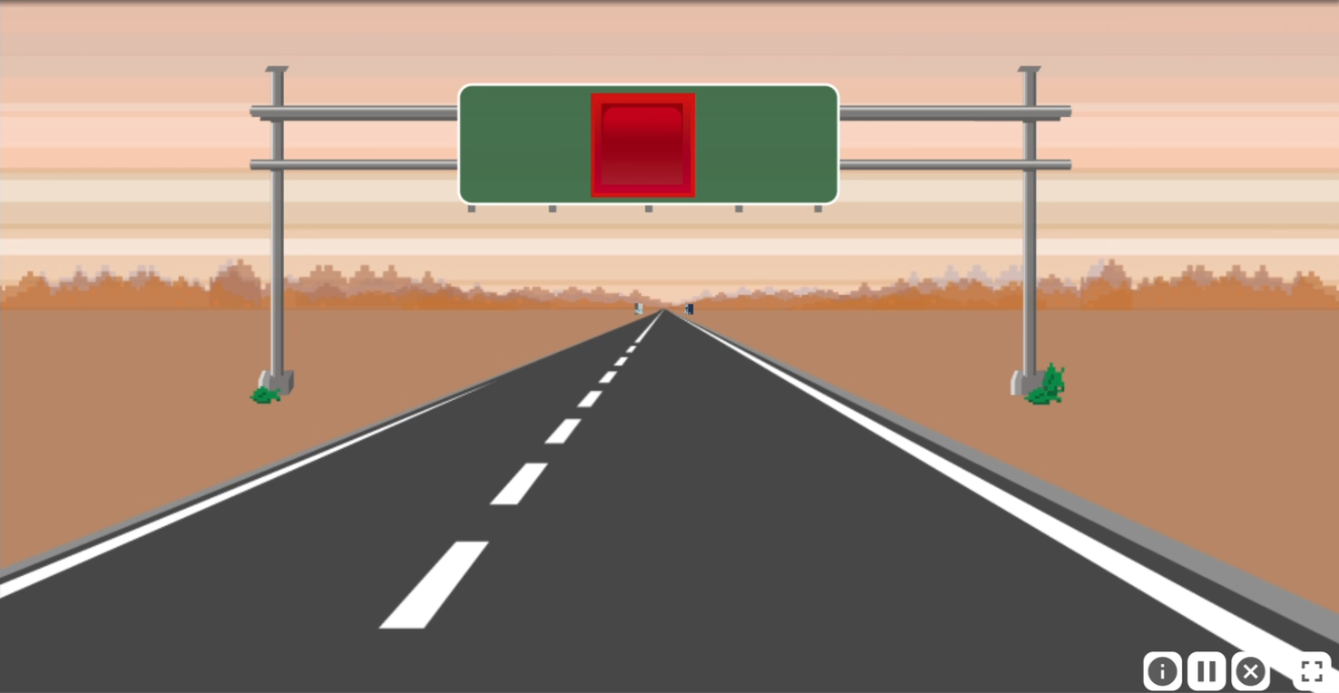 A screenshot from Optic Flow. The desert scene features a two lane road, and a large highway overpass sign above the road. The sign has a large, red square on it.