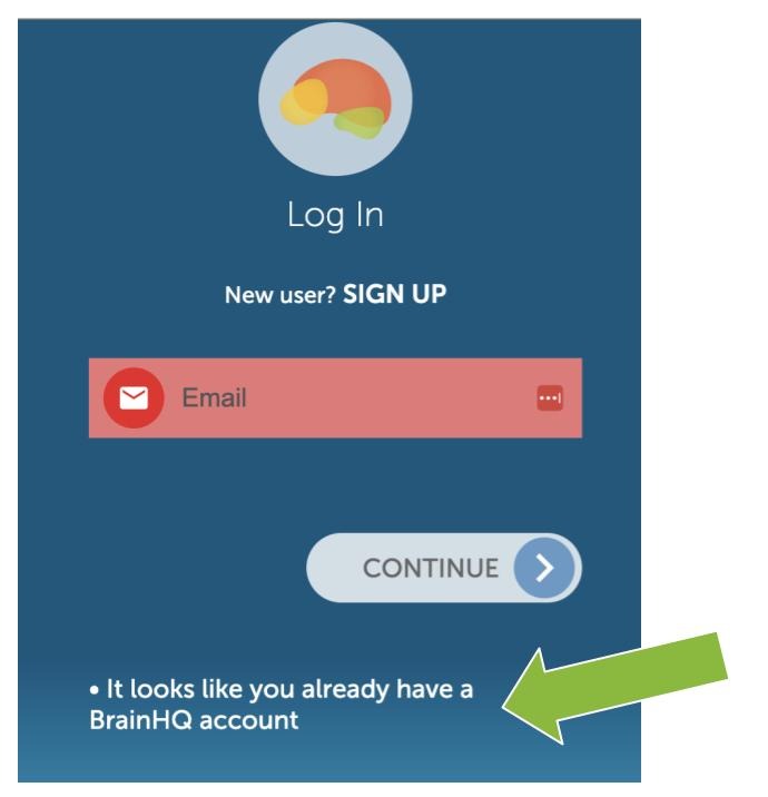 Error message when registering that says "It looks like you already have a BrainHQ account"